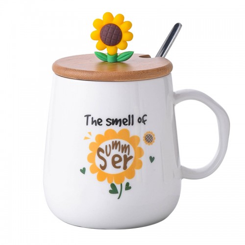 The smell of summer sunflower white ceramic mug with bamboo lid The smell of summer sunflower white ceramic mug with bamboo lid