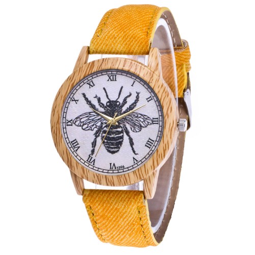 Bee bamboo quartz watch with yellow strap